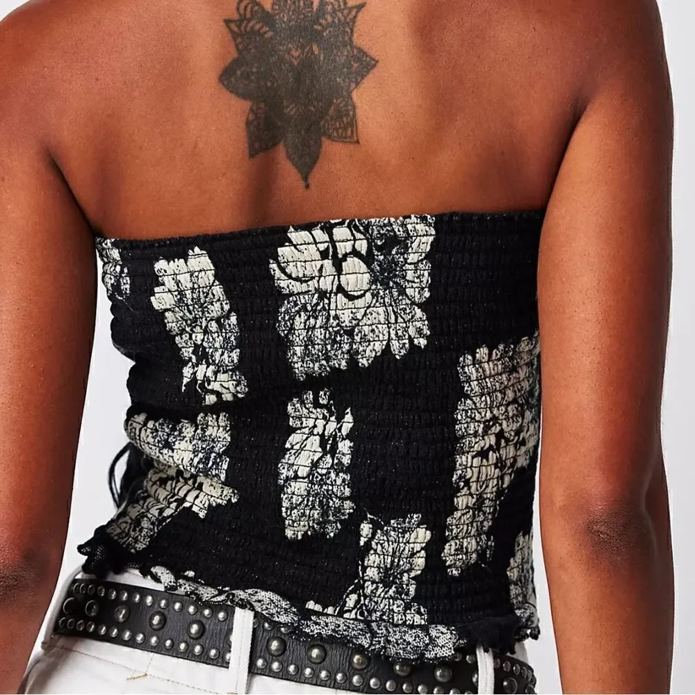 NWOT Free People Poppy Tube Top Black Floral Cropped L Removable Straps Smock